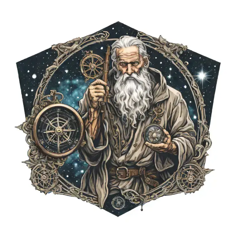 Father Time with tattoos, crying, holding a nautical compass, starry night background  tattoo design idea