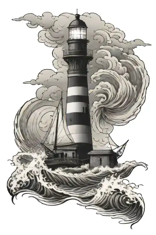 lighthouse waves crashing, with saild boat sailing, thunderstorms  tattoo design idea