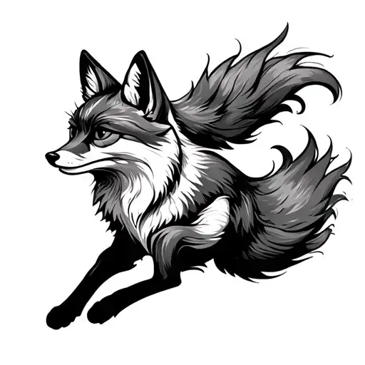 Tiny abstract running fox tattoo, rib placement. Dynamic pose: fox in motion, side profile, head turned (eyes open/squin tattoo design idea