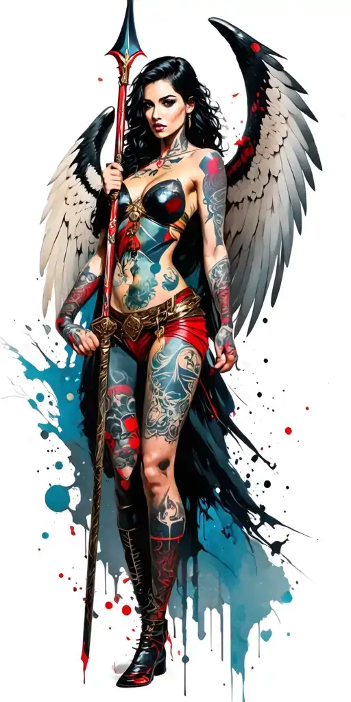 fantasy style, tattooed, female battle angel using a spear tattoo design idea