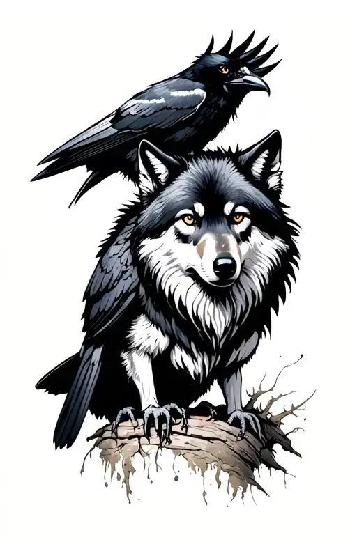 wolf and raven perched tattoo design idea