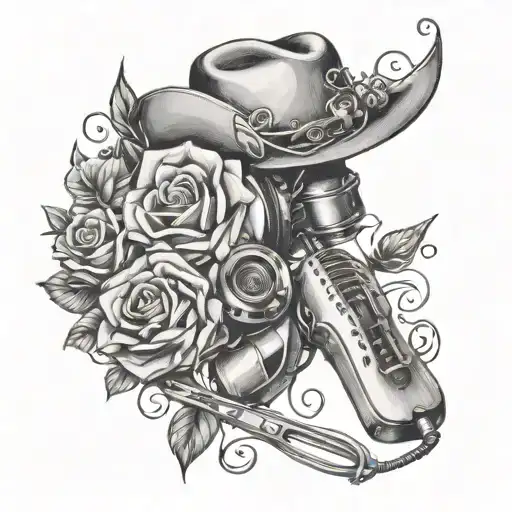 flower vine, paintbrush, headphones, cowgirl hat, love heart, music note, roses, scissors, sewing needle  tattoo design idea