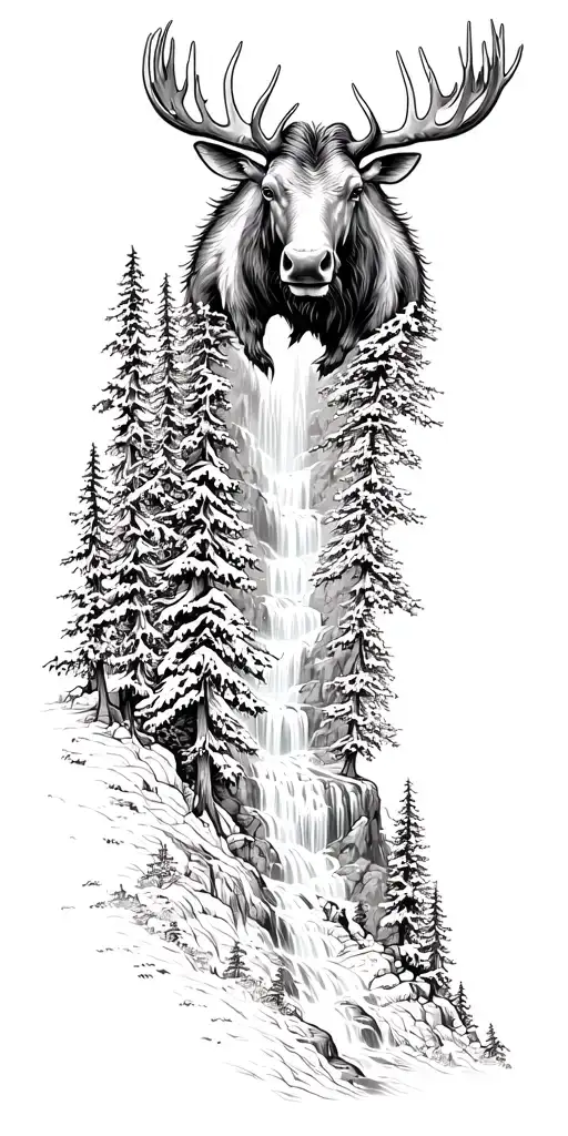 cascading waterfall scene intertwined with moose head emerging from the trees tattoo design idea