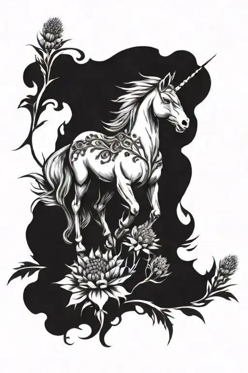 unicorn, thistle, heather flower tattoo tattoo design idea
