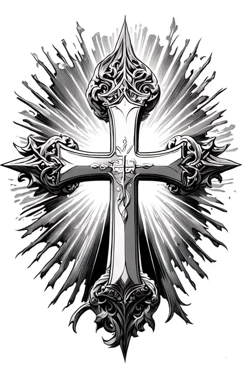 Epic full-back black and white tattoo design centered around a large ornate Crusader cross, glowing with divine light —  tattoo design idea