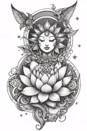 there must be these elements lotus; moon; eye; sword sun; stars a little everywhere bohemian and feminine effect tattoo design idea