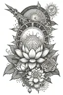 there must be these elements lotus; moon; eye; sword sun; stars a little everywhere bohemian and feminine effect tattoo design idea