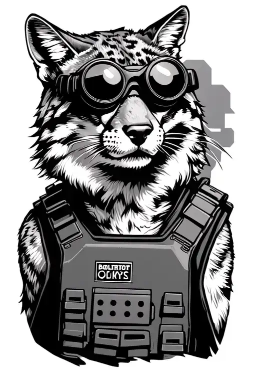 Bobcat wearing night vision goggles and a bulletproof vest tattoo design idea