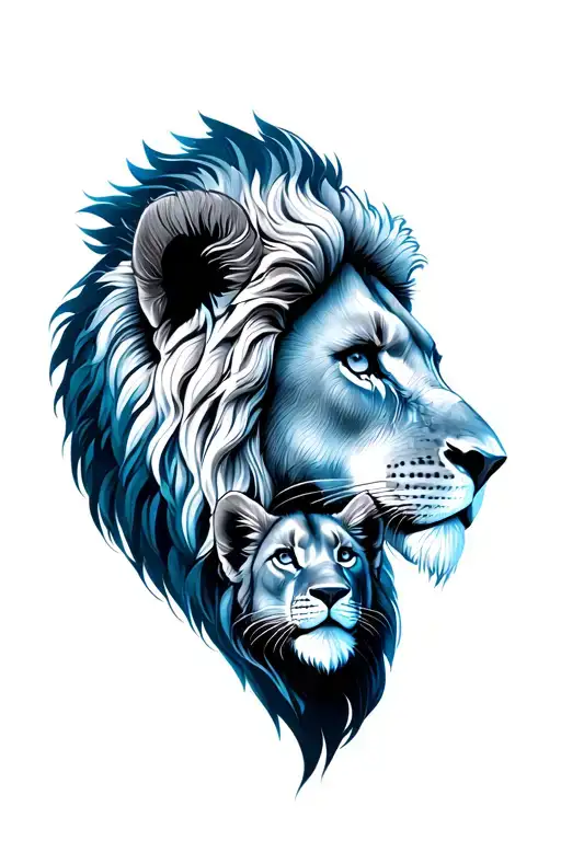 king male lion head, beautiful proud female queen lion head looking into eachothers eyes, 1 female cub head .blue butter tattoo design idea