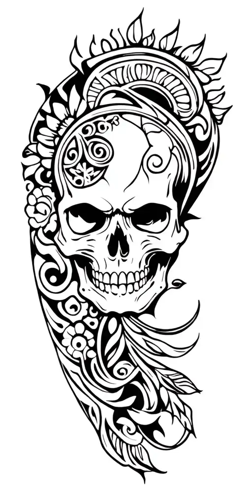 skull soft shading and maori not tribal leg sleeve tattoo design idea