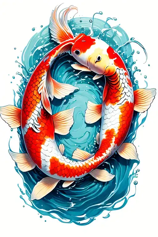 2 Japanese koi fish swirling around in water, their bodies rotting away from mid body to tail tattoo design idea
