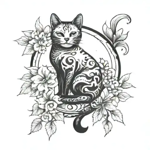 moon cat inside and flowers tattoo design idea