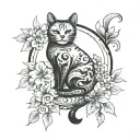 moon cat inside and flowers tattoo design idea