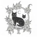 moon cat inside and flowers tattoo design idea