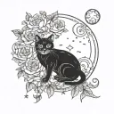 moon cat inside and flowers tattoo design idea