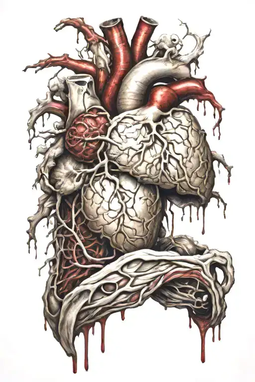 realistic Human organs, Decayed, rotting, veiny, blood vessels, bloody, guts, bleeding, melting, organs, gore, tattoo design idea
