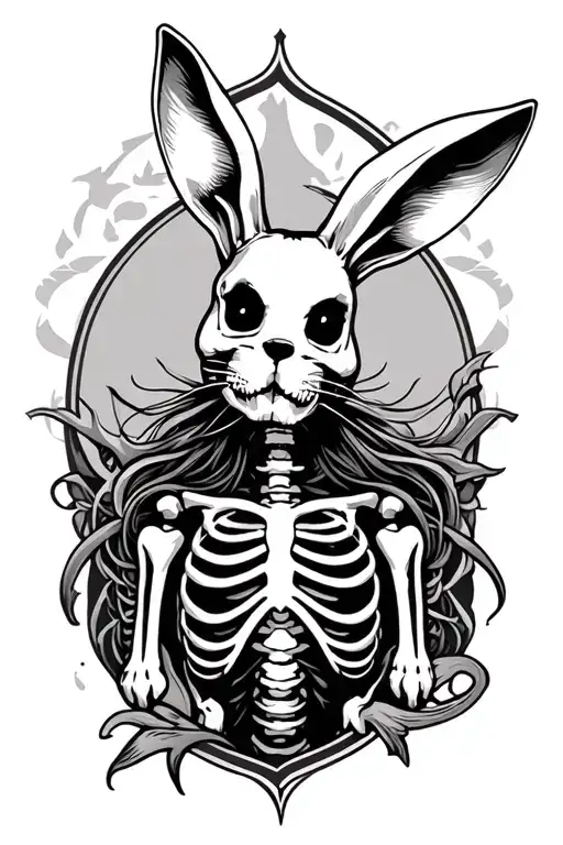 Full sleeve tattoo design for a man, black‑and‑grey gothic style. Main elements: a sinister skeleton rabbit with gothic tattoo design idea