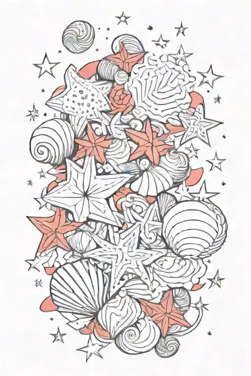 Shells and stars. Black and red color. tattoo design idea