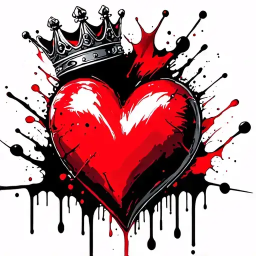 Full color trash heart with a king crown adorned tattoo design idea