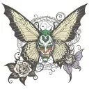 The Joker's face stylized on one wing of the butterfly and Maleficent on the other, with the semicolon in the center. tattoo design idea