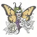 The Joker's face stylized on one wing of the butterfly and Maleficent on the other, with the semicolon in the center. tattoo design idea