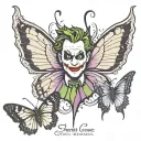 The Joker's face stylized on one wing of the butterfly and Maleficent on the other, with the semicolon in the center. tattoo design idea