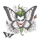 The Joker's face stylized on one wing of the butterfly and Maleficent on the other, with the semicolon in the center. tattoo design idea