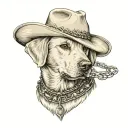 older golden female Labrador with a cowgirl hat on and collar and western theme tattoo design idea