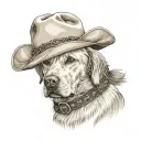 older golden female Labrador with a cowgirl hat on and collar and western theme tattoo design idea