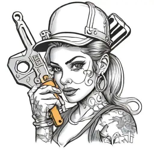 realistic portrait of a female mechanic with tattoos and holding a wrench  tattoo design idea