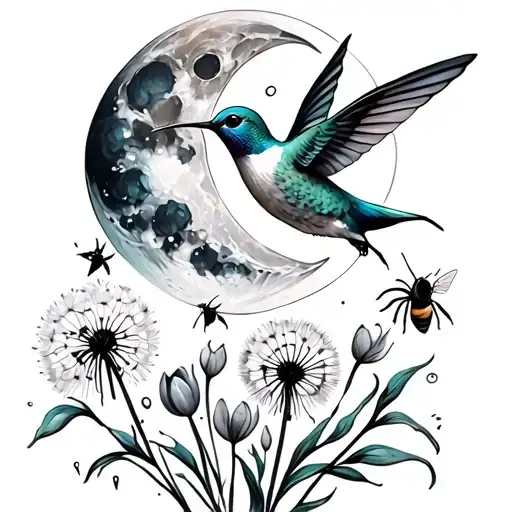 hummingbird, moon, tulips, bees, dandelion flower, ocean tattoo design idea
