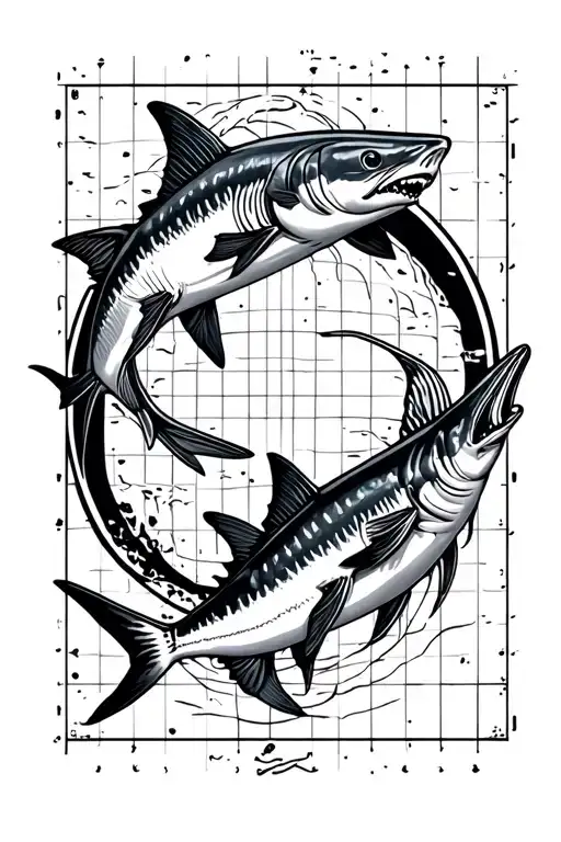 world grid lines, with tuna and mahi and sharks swimming tattoo design idea
