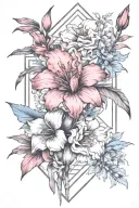 Create a back tattoo with red gladioli, red climbing roses, blue sage and in the middle place the phrase in Japanese "fa tattoo design idea
