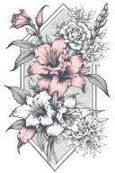 Create a back tattoo with red gladioli, red climbing roses, blue sage and in the middle place the phrase in Japanese "fa tattoo design idea