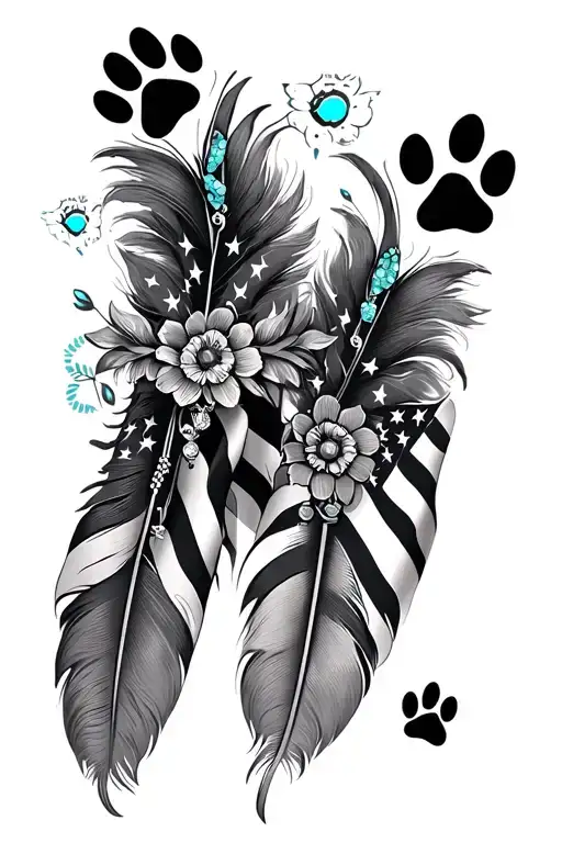 feathers with 2 dog black paw prints, american flag,and turquoise western jewelry, flowers, aztec pattern tattoo design idea