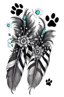 feathers with 2 dog black paw prints, american flag,and turquoise western jewelry, flowers, aztec pattern tattoo design idea