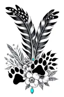 feathers with 2 dog black paw prints, american flag,and turquoise western jewelry, flowers, aztec pattern tattoo design idea