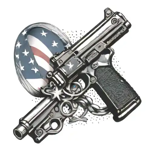 A triathlon medal intertwined with an American flag and a gun barrel, symbolizing strength and patriotism tattoo design idea