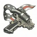 A triathlon medal intertwined with an American flag and a gun barrel, symbolizing strength and patriotism tattoo design idea