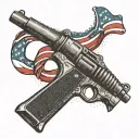 A triathlon medal intertwined with an American flag and a gun barrel, symbolizing strength and patriotism tattoo design idea