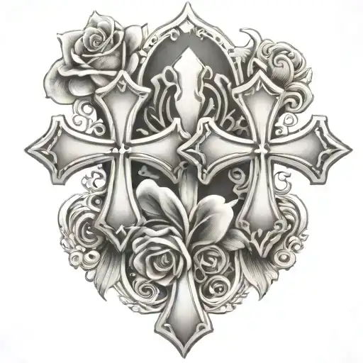 two chrome hearts crosses very close to eachother with a rose behind them. tattoo design idea