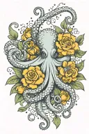 octopus, snowdrop, rose , marigold   bouquet tattoo design idea