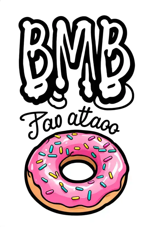 pink glazed sprinkle donut with the initials BMAB above it in black writing tattoo design idea