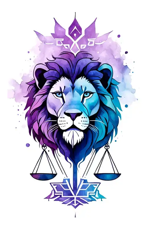 Leo lion with Libra scales in aztec theme upper arm tattoo tattoo design idea