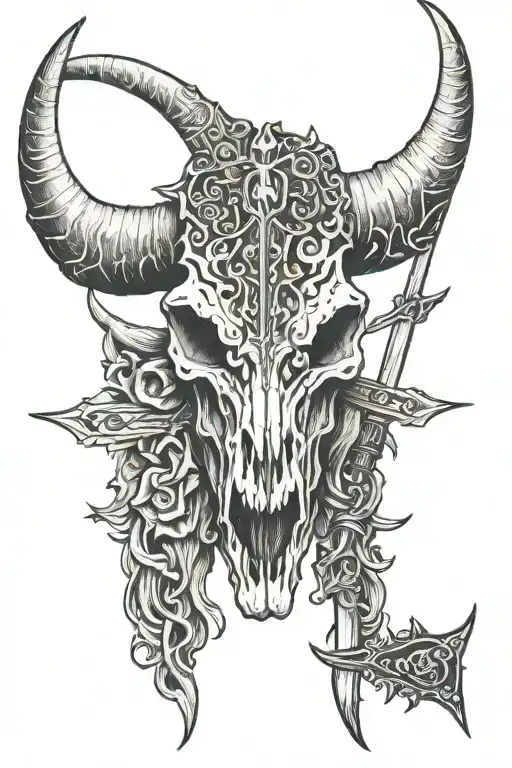 long horn cow skull, devil, sword tattoo design idea