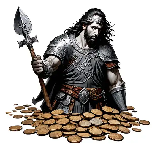 Anglo Saxon warrior and coins spilling tattoo design idea
