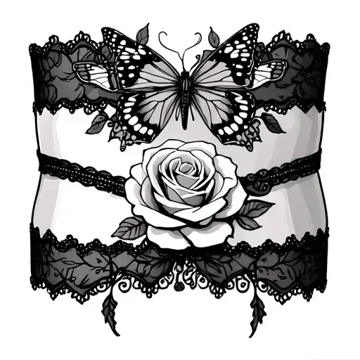 saved by grace garter belt with rose and butterfly tattoo design idea