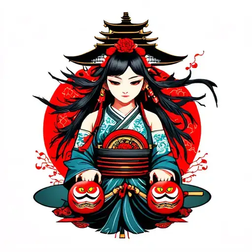 leg tattoo with samurai girl, daruma doll and temple tattoo design idea