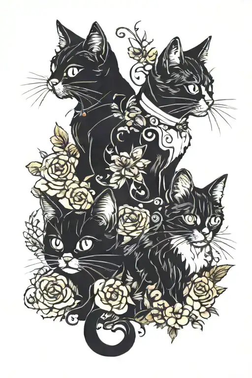 Black cat and two tuxedo cats sitting tattoo design idea