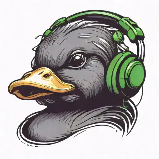 Purple rubber duck with green headphones listening tattoo design idea